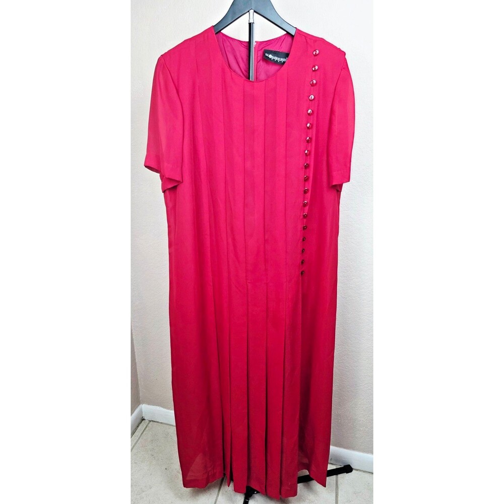 Vtg SAG HARBOR 20W Red Pleated Short Sleeve Modest Column Dress Church Formal